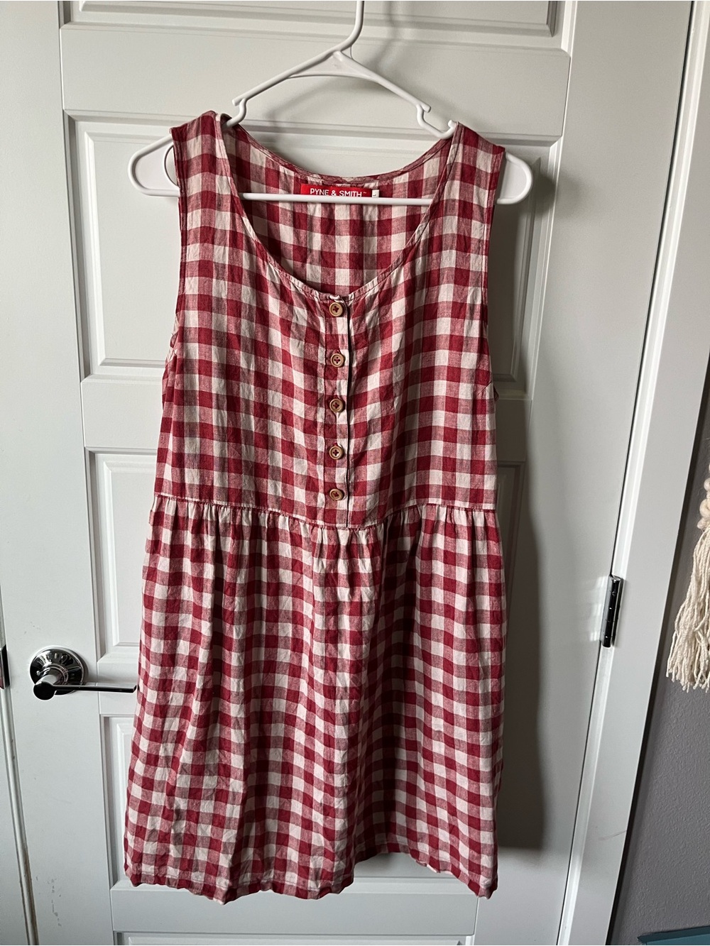 Pyne & Smith Linen Red Gingham Button-Front Casual Dress